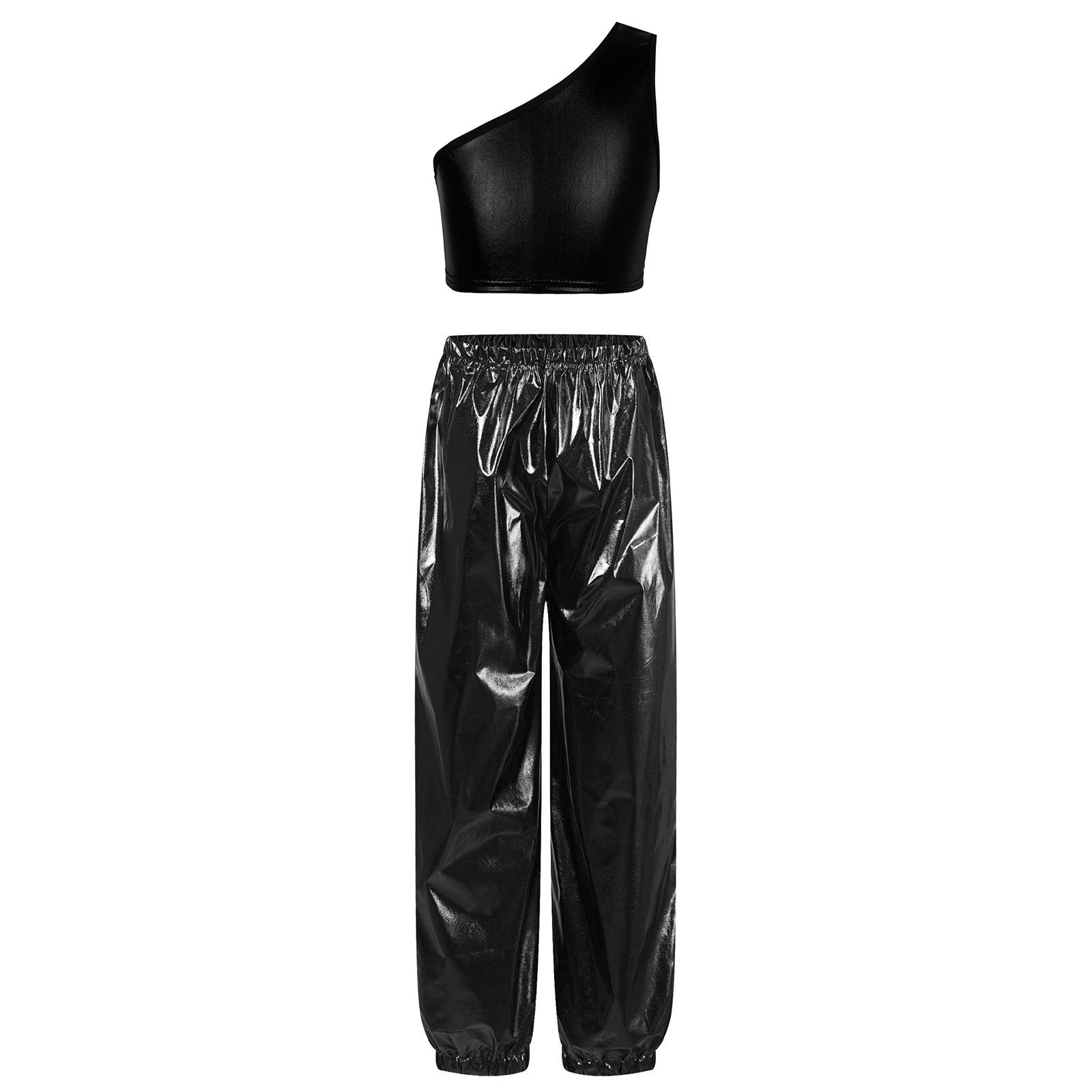 

Kids Girls Stage Dance Costume: One Shoulder Sleeveless Metallic Crop Top & Shiny Pants for Party Performance 14-15 Years чёрный