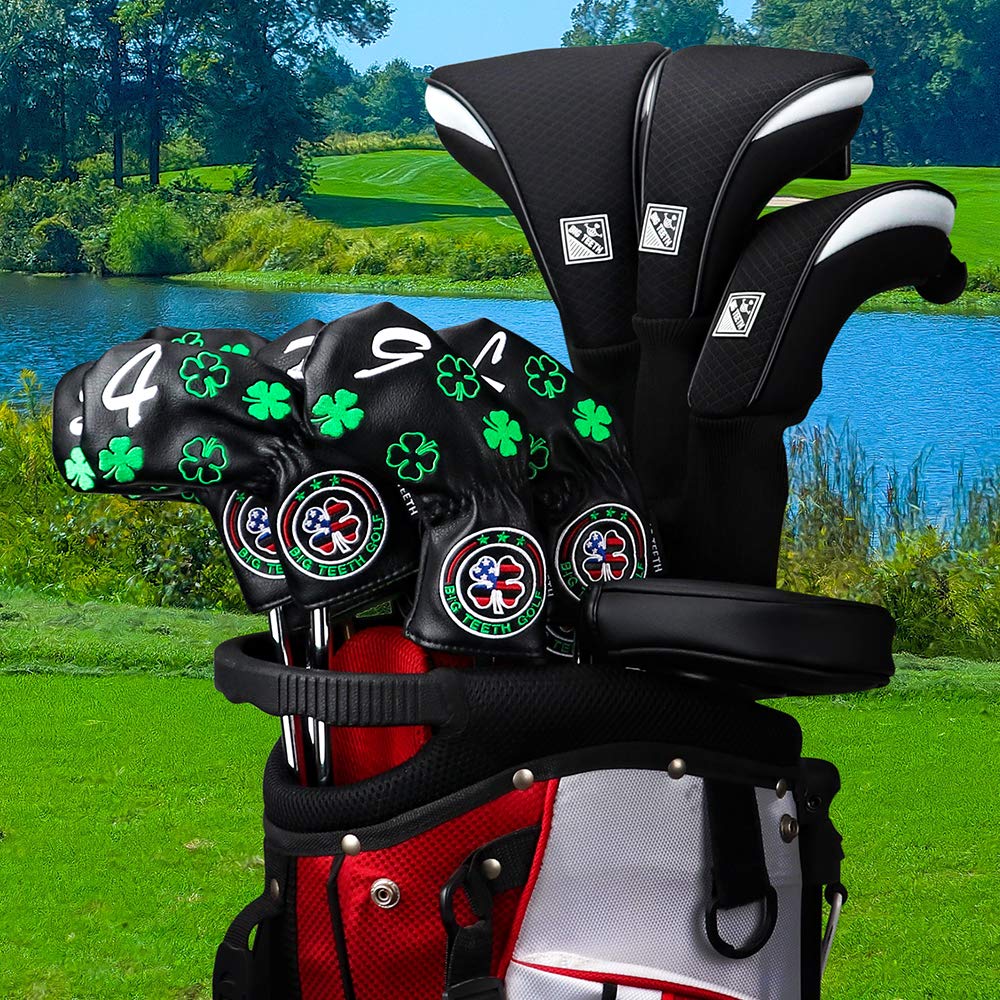 Big Teeth Golf Iron Headcover Set (11 Pieces: 4-9, P, A, S, L, X) with Embroidered Numbers, Long Neck, Elastic Closure, Clover Embroidery, Synthetic L