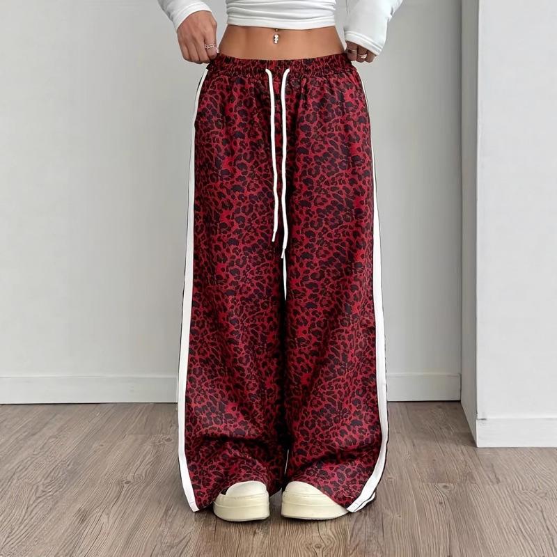 Women Red Leopard Print Drawstring Waist Side Stripe Wide Leg Pants S красный
