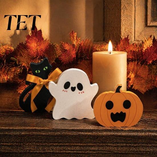 Wooden Ghost Pumpkin Black Cat Ornaments 3Pcs/Set Halloween Tiered Tray Decorations, Cute Small Figurine Set Ornaments, Block Table Signs for