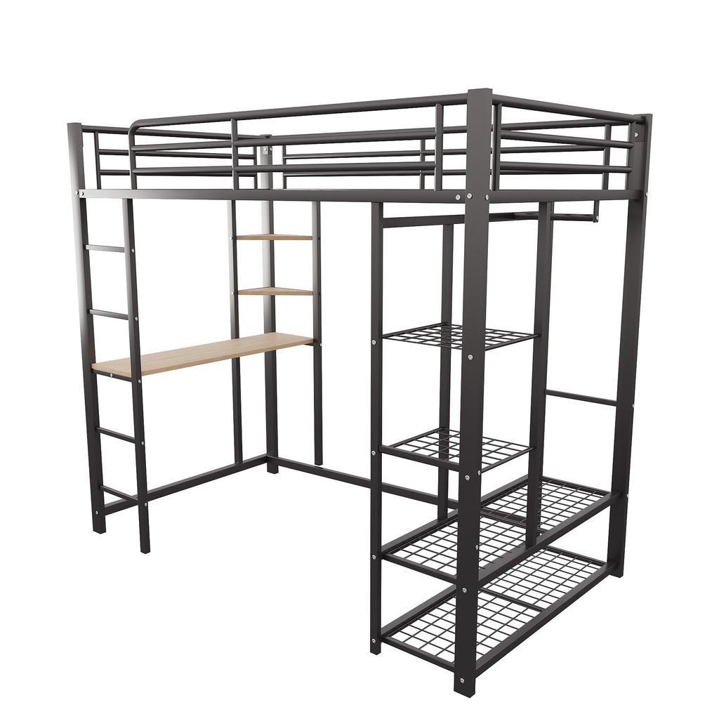 Hochbett mit Leiter 90*200cm, Einzelbett Kinderbett mit Tisch mit einfacher Aufhängung mit Staufächern, Schwarz