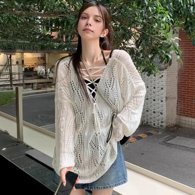 Damstickning Ihålig Design Toppar V-ringad Band Krage Långärmad Pullover