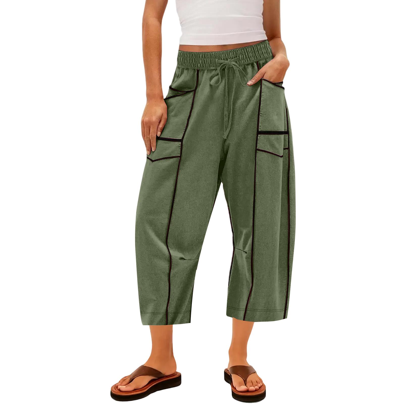 

Ladies wide leg pants, high waisted straight leg pants, spliced pockets, casual cropped pants L армия зеленый