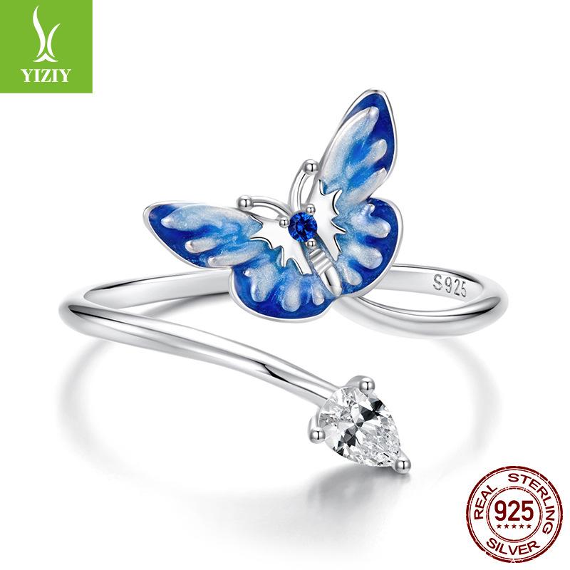 Blue Smart Butterfly Open Ring Girl, Niche High-End Light Luxury Ins Style Versatile Ring