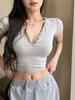 Women's Gray V-neck Cropped Slim Fit Short-Sleeve T-shirt: Chic, Sweet, Cool, Spicy Summer Style
