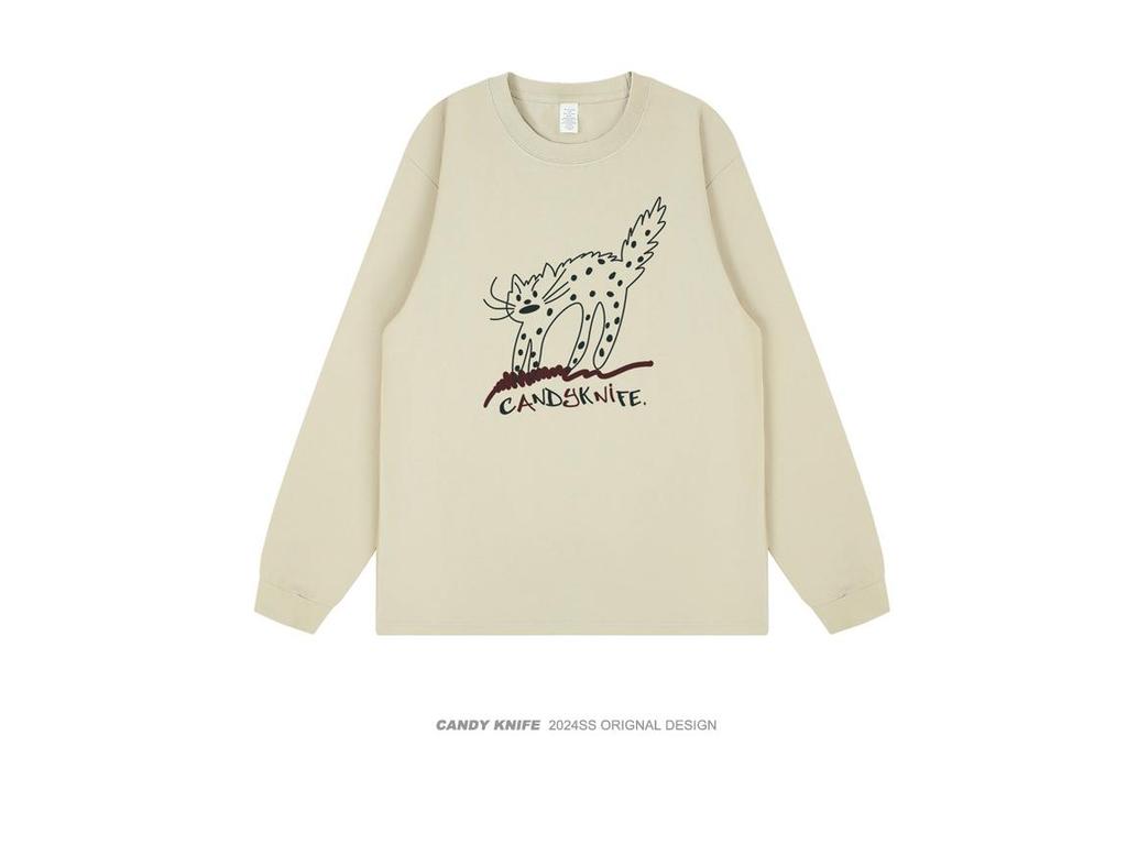Korean Style Cartoon Cat Print Couple Long Sleeve Retro Top