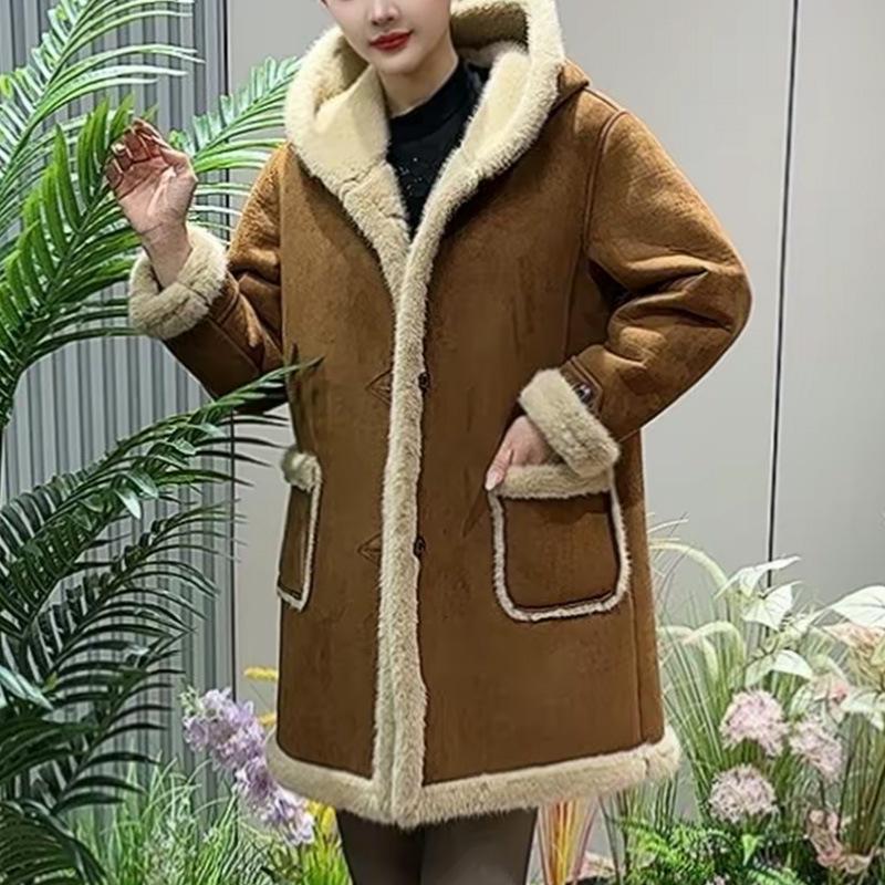 Korean Style Mid-Length Suede Fleece Women's Hooded Lambswool Winter Coat
