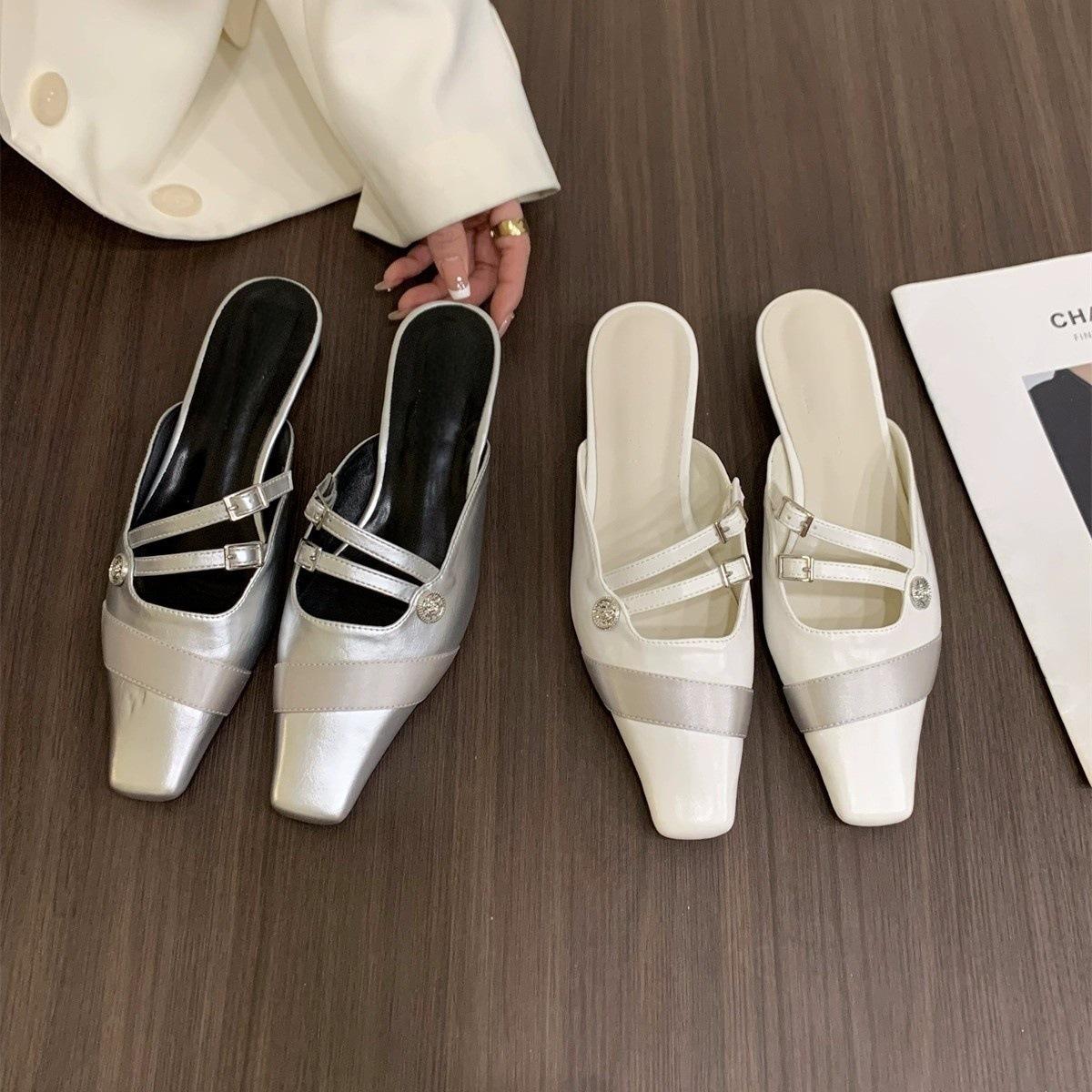 

Coarse heel silver bag head half slippers fairy shoes wear new spring temperament half support single shoes 39 білий