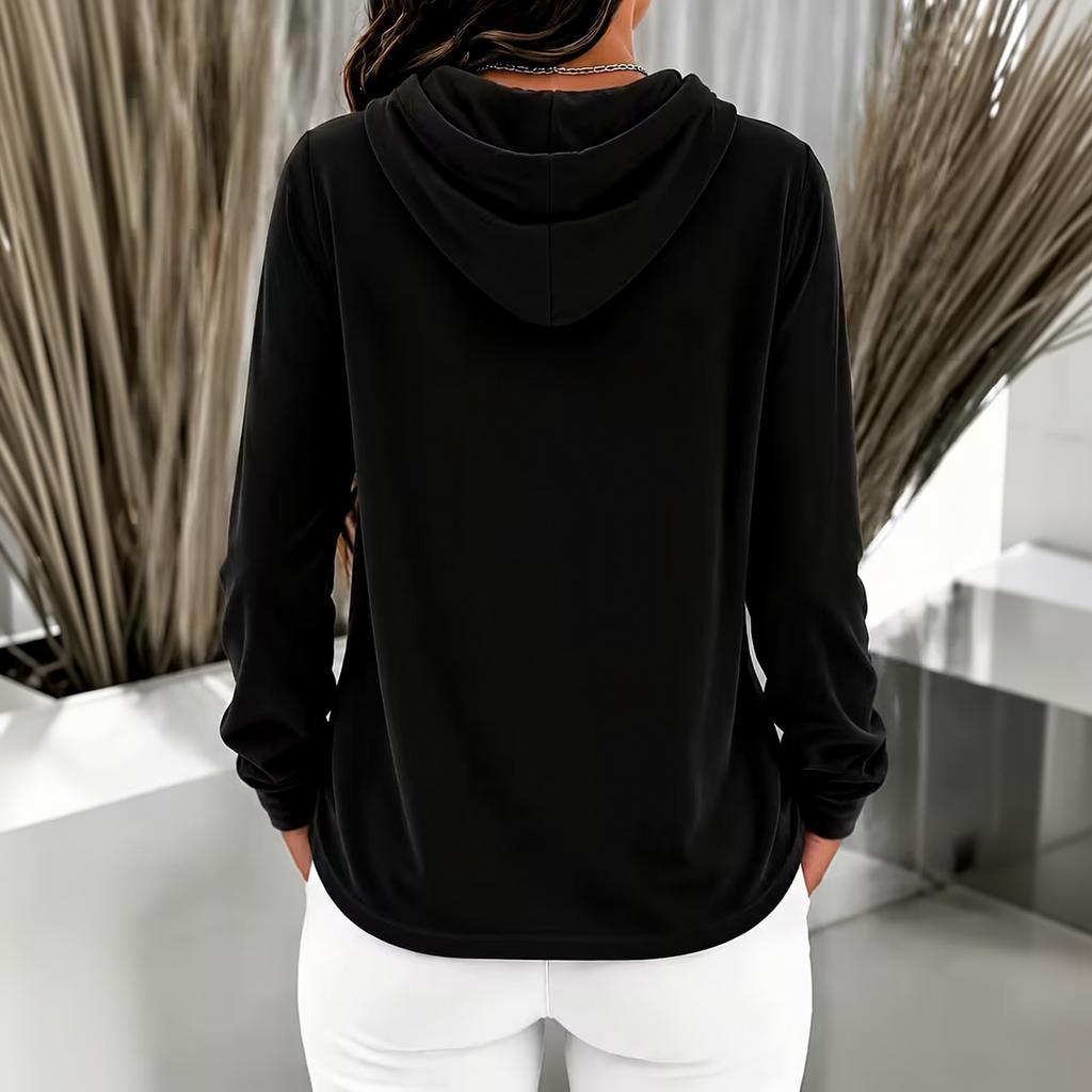 Women's Color Hooded Long Sleeve Top with Button Front and Drawstring