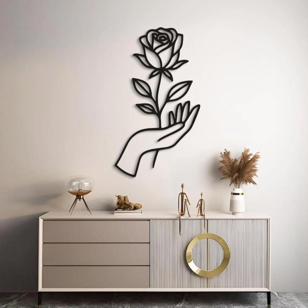 Black Rose Metal Wall Art, Modern Flower Line Sculpture, Minimalist Hand Decor, Unique Iron Craft Gift for Living Room