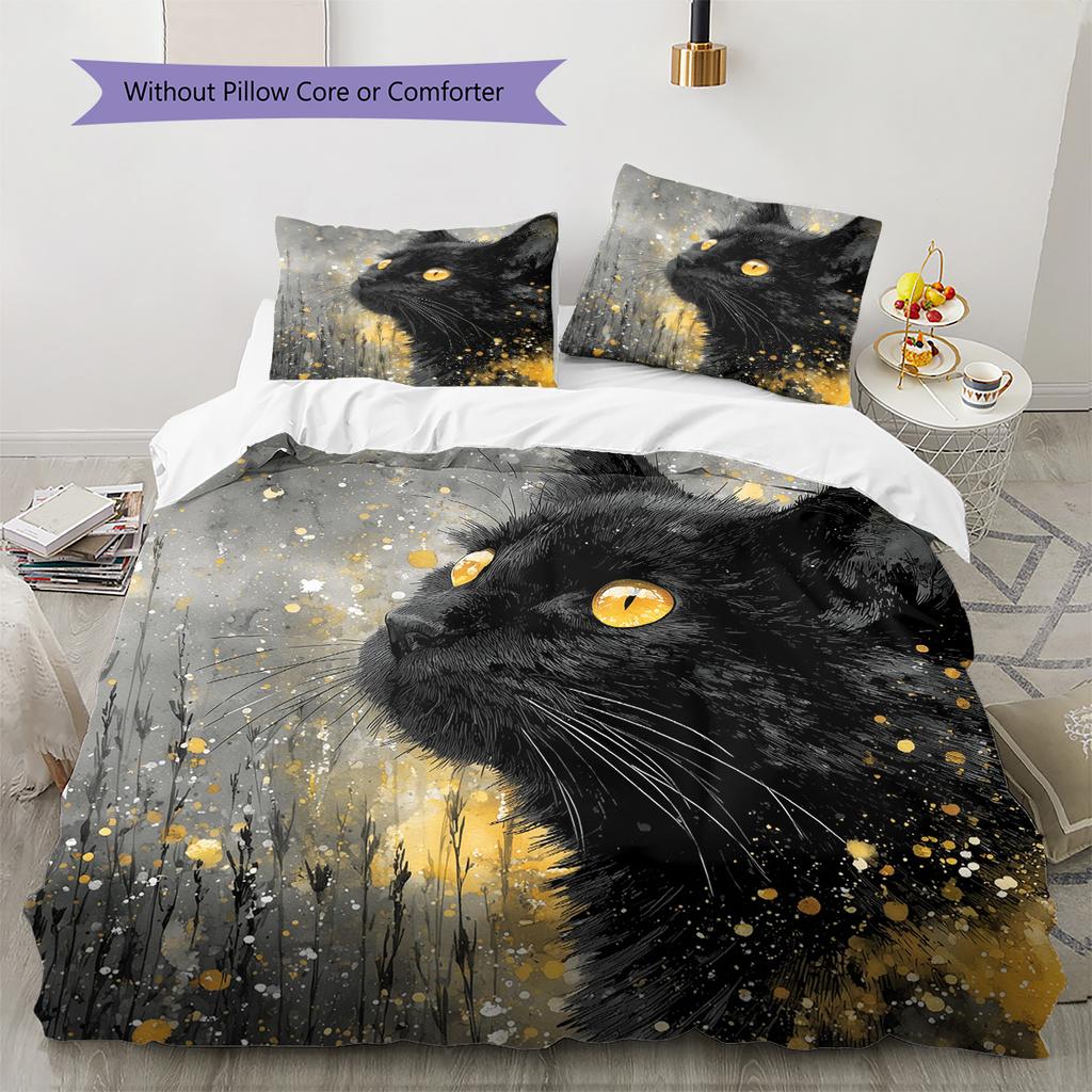 Black Cat Pattern Bedding Quilt Set  Home Decoration  Gift (1 * Duvet Cover + 2 * Pillowcase  Without Core)