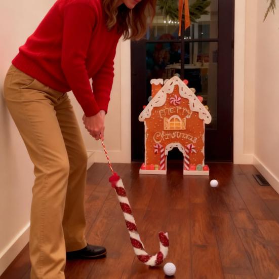 Gingerbread Golf Game Set Wood Plastic Indoor Miniature Putting Course Festive Family Activity for Christmas Parties & Holiday Fun