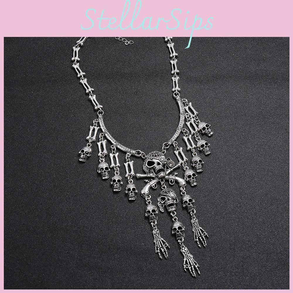 Skull Geometric Vintage Pendant Necklace With Tassel Chain For Gothic Punk Fans