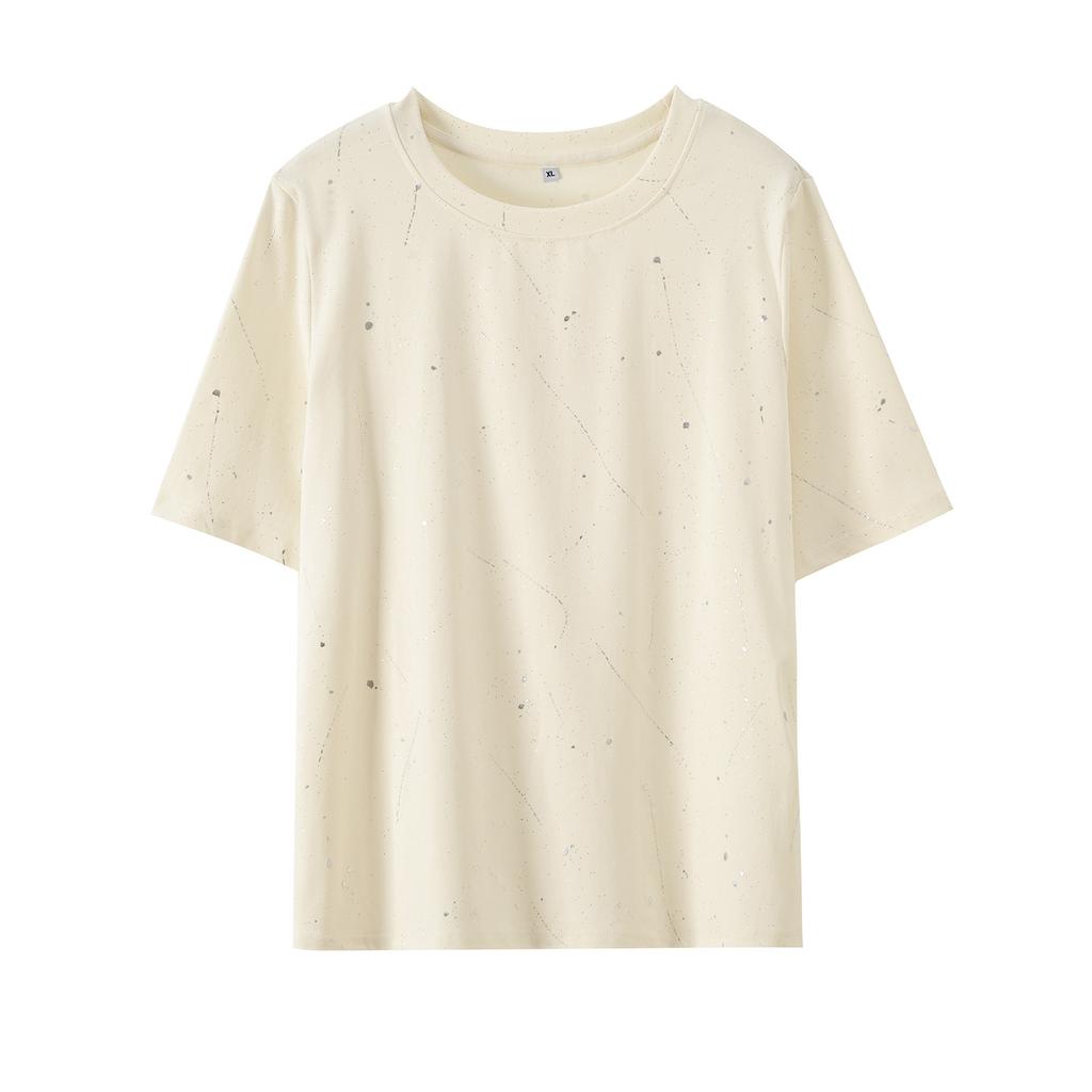 Large size women's slim crew neck T-shirt 2026 spring silver design American short-sleeved top 224103