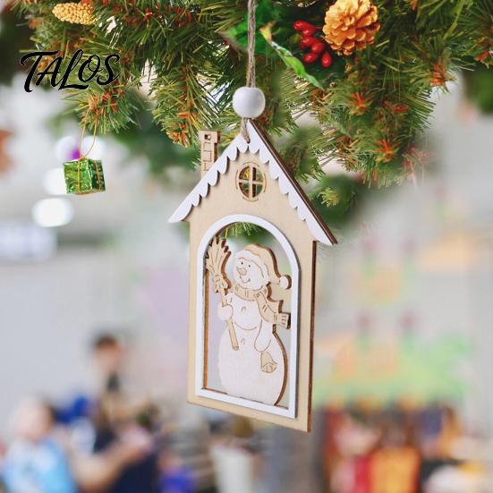 Rustic Christmas Garland Decor Wooden House Snowman/Reindeer Hanging Ornament, DIY Xmas Pendant with Farmhouse Hemp Rope for Home Window & Holiday