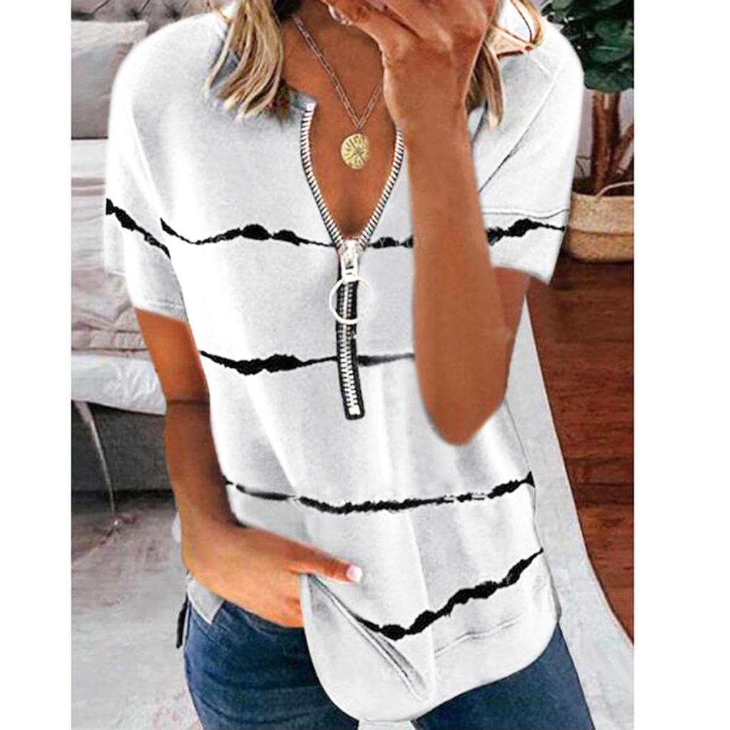 Women's Fashion Casual Striped Zipper Round Neck Loose Short-Sleeved Tops