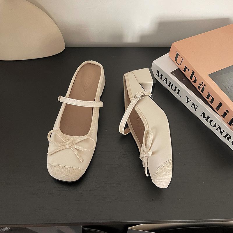 2025 Summer New Fairy Style Bow Ballet Shoes Women's Wear Silk and Satin Surface One Word with Bag Head Single Shoes