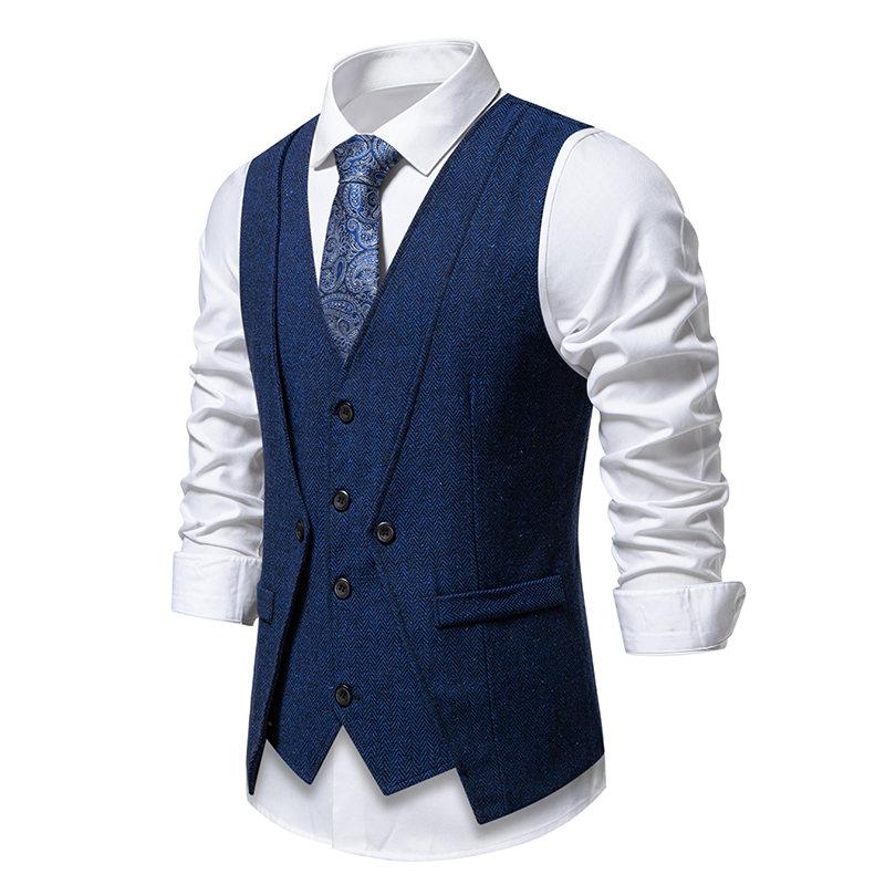 England Style Men's Suit Vests Fake Two Pieces Business Casual Waistcoats Vintage Mens Formal Dress Vest