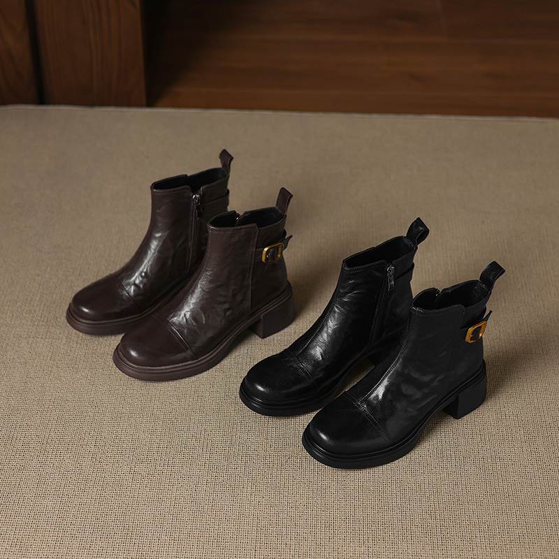 Krazing Pot Sheepskin Round Toe Thick Heels Chelsea Boots Size 42 High Quality Women Keep Warm Metal Buckle Ankle Boots