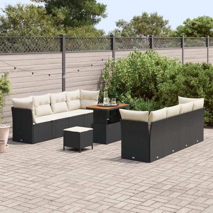 VidaXL Ensemble de jardin 11 pièces avec coussins en rotin noir, idéal pour le patio, le balcon 3363410