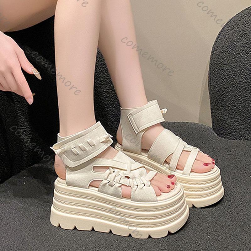 Comemore Thick Bottom Woven Roman Sandals Summer Shoes for Women Vintage Open Toe Wedge Sandals Hook Loop Heeled Sandales Femmes