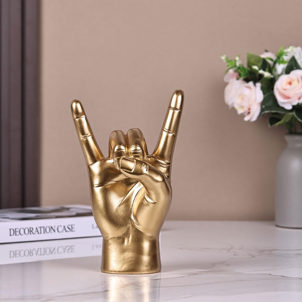 QIANLING 7.7" Gold Resin Rock On Hand Gesture Statue - Rock Culture Music Lovers' Decorative Tabletop Sculpture for Bookshelf, Desk & Mantel Decor in