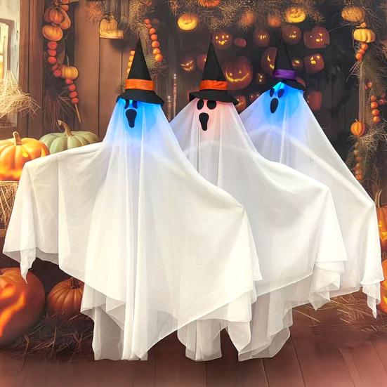 Halloween Hanging Light-up Ghosts Outdoor Flying White Cloth Ghost with Witch Hat for Front Yard Patio Lawn Garden Porch Indoor Outdoor Decoration