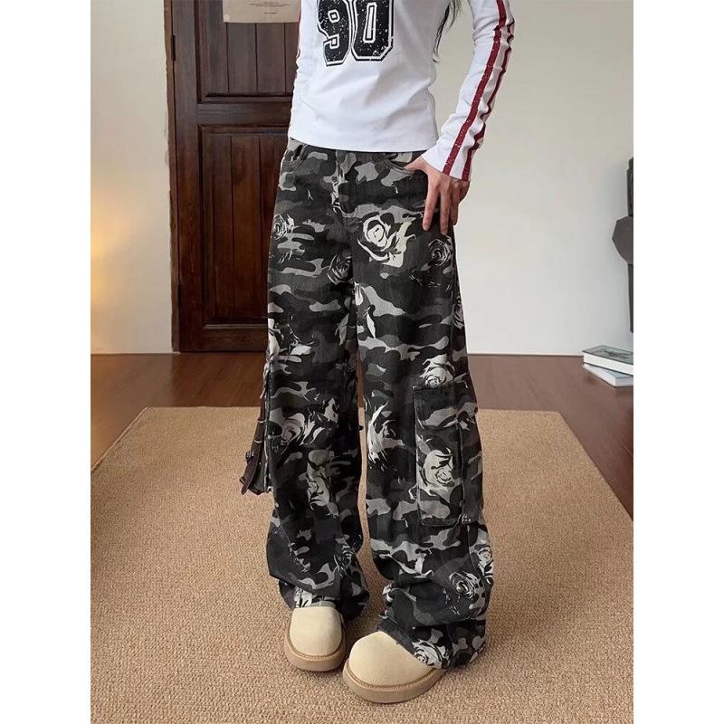 JYL Women s Cargo Pants European Camo High-Waist Spring High-Street Denim 3XL