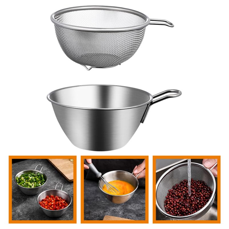 OUNONA Stainless Steel Colander and Bowl Set with Handles, Deep, Egg Beater, Cream Whisk, Salad Mixer, Rinse Rice, Strainer, Basket for Fruits and