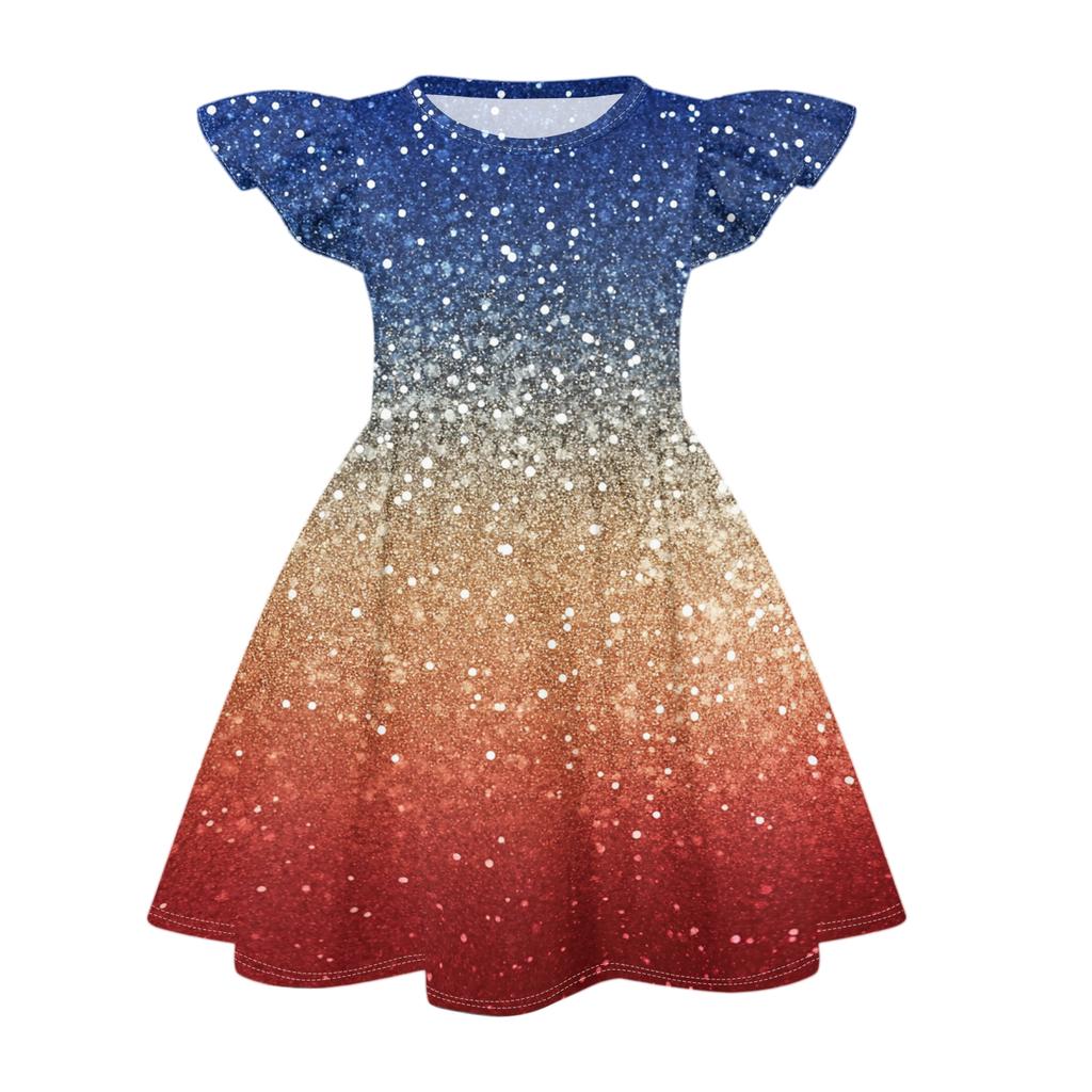 Girls Flutter Sleeve Dress Independence Day Themed Cupcake Print Spliced Skater Dress Toddler Kids Casual Party Dress