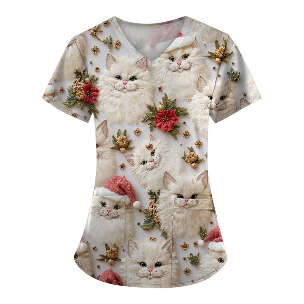 Women's Fashion Printed Short Sleeve V Neck Pattern Tops Pocket Working T-shirts