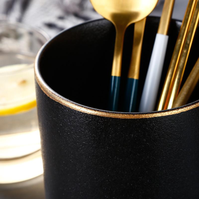 Frosted Chopstick Tube, Ceramic Black Crystal Glaze Knife, Fork And Spoon Storage Tube, Light Luxury Round Ornament, Household Storage