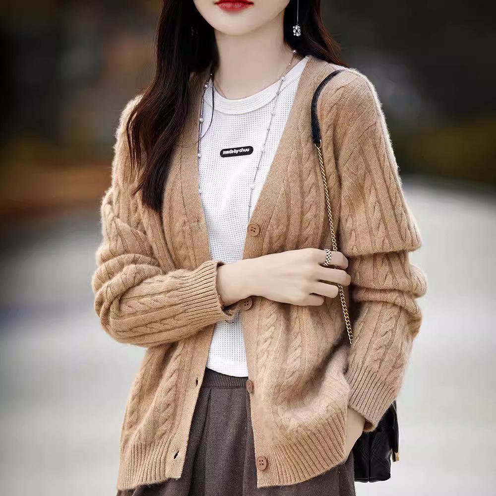 Women's V-Neck Pure Wool Cardigan Coat - 2025 Autumn/Winter Collection