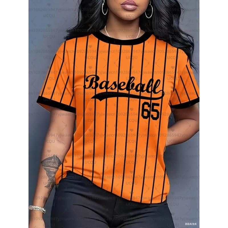 Women's Baseball Stripe Printed Round Neck Short Sleeve T-Shirt Summer Graphic Tee Jerseys Plus Size Men's Sport T-Shirt Tops