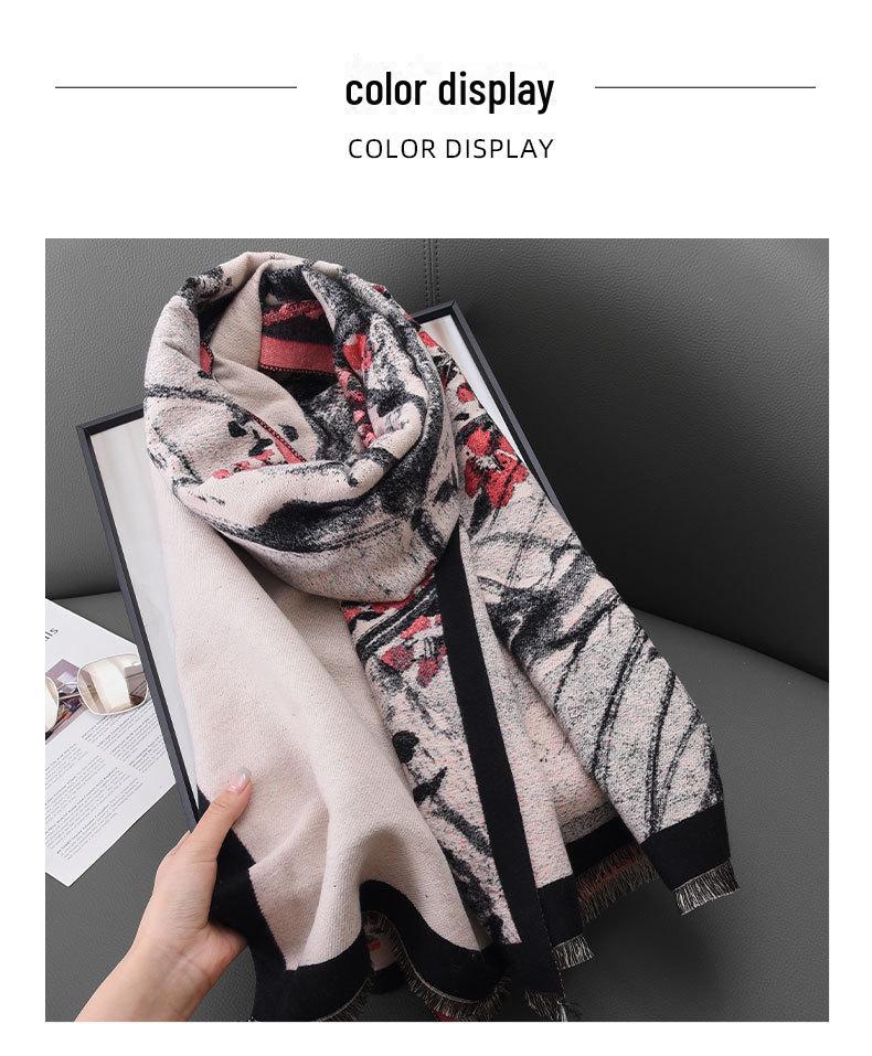 Beige Wintersweet Floral Print Scarf for Women - INS Style, Literary, Imitation Cashmere, Warm Shawl for Autumn and Winter