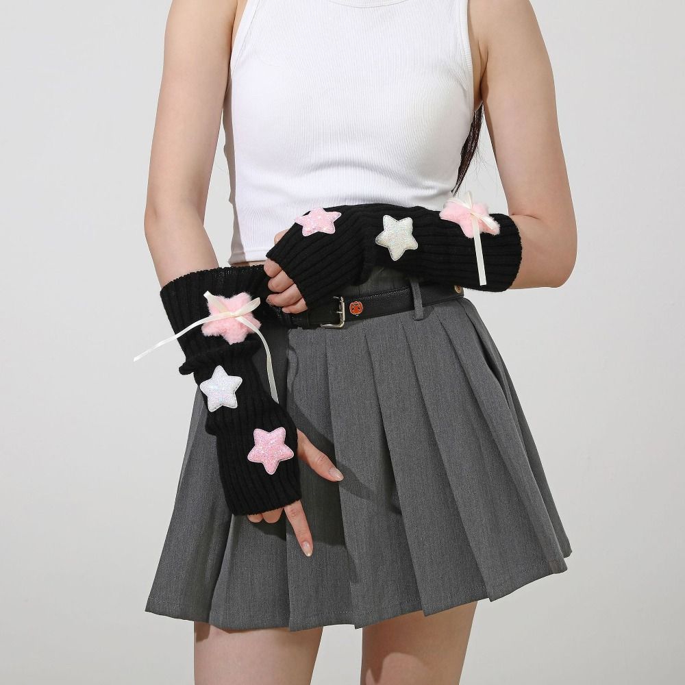 Fashion Y2K Long Wrist Gloves Stars Thicken Arm Warmers Soft Solid Color Half Finger Gloves Women