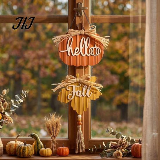 Kitchen Autumn Theme Decor Hello Fall Wooden Hanging Sign, Pumpkin Maple Leaf Door Hanger with Home Aesthetic Ornaments Tassel, Harvest Thanksgiving