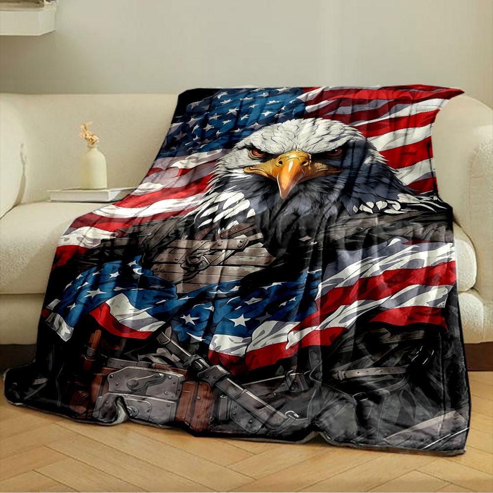 An eagle in armor with the American flag as a backdrop and clothing. for all seasons blanket lunch break throw gift