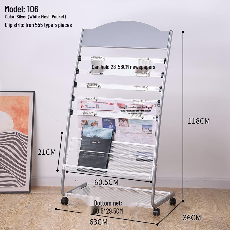 Floor-Standing Magazine, Newspaper, and Book Display Rack for Promotional Material and Office Storage