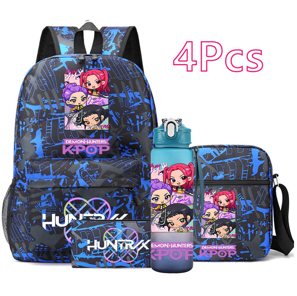 4Pcs/set Anime K-Pop Demon Hunters Printed Backpack Bookbag Shoulder Bag Case Bag with 750Ml Water Bottler for Boy Girl Large Capacity Schoolbag