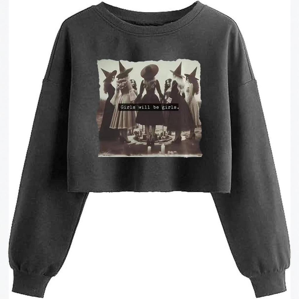 Women's Crop Sweatshirt Fall Halloween Long Sleeve Pullover Sweatshirt