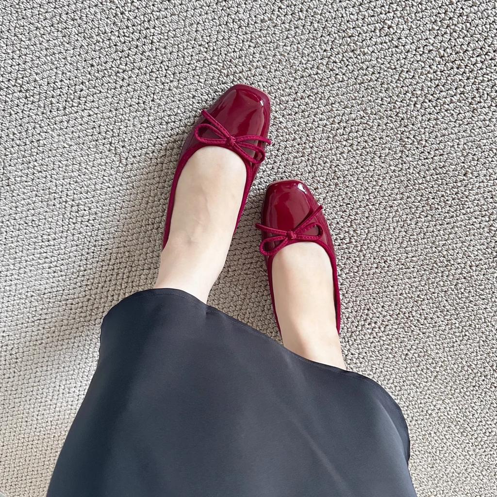 Sheepskin~ Invisible Inner Height Increase 5cm Shoes Versatile Bow Single Shoes Women's Head Leather Light Mouth Ballet Flats