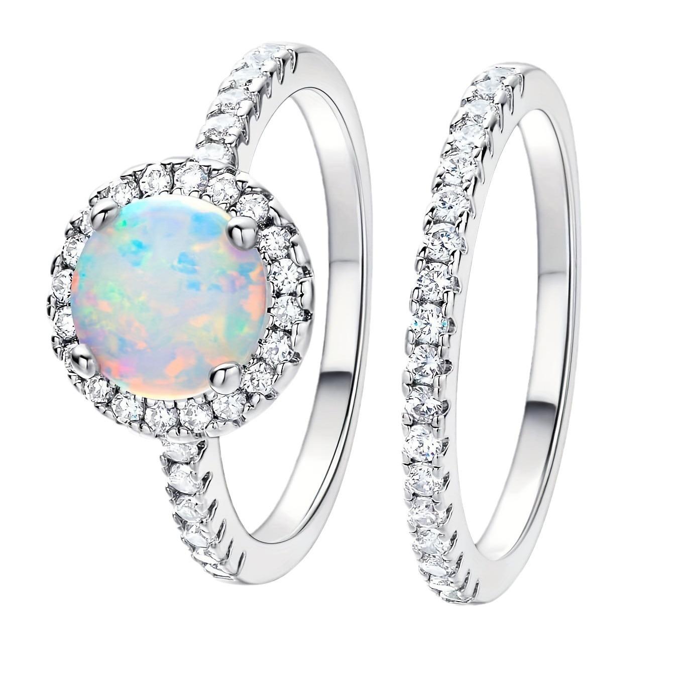 Round opal ring niche design high sense light luxury exquisite opal men and women main and auxiliary ring couple no. 5 платиновый