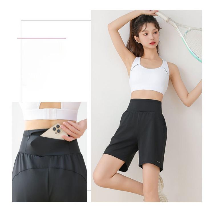 Sommer Damen Lockere Gymnastikshorts mit Taschen Schnelltrocknend Laufen Yoga Workout Sportshorts Outdoor-Sport