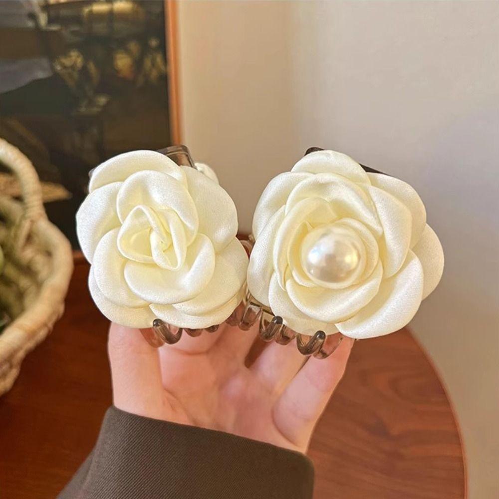 Small Fabric Floral Hair Clip Elegant Pearls Flower Hair Claw Camellia Hair Clip Back Head Wear