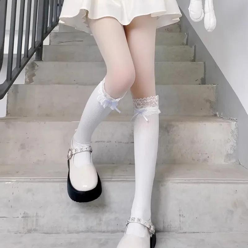 2 Pairs Women Lolita Lace-edge Bow Velvet Stockings Mid Leg Socks Thin Breathable Soft Cute College Style Kawaii Calf Socks