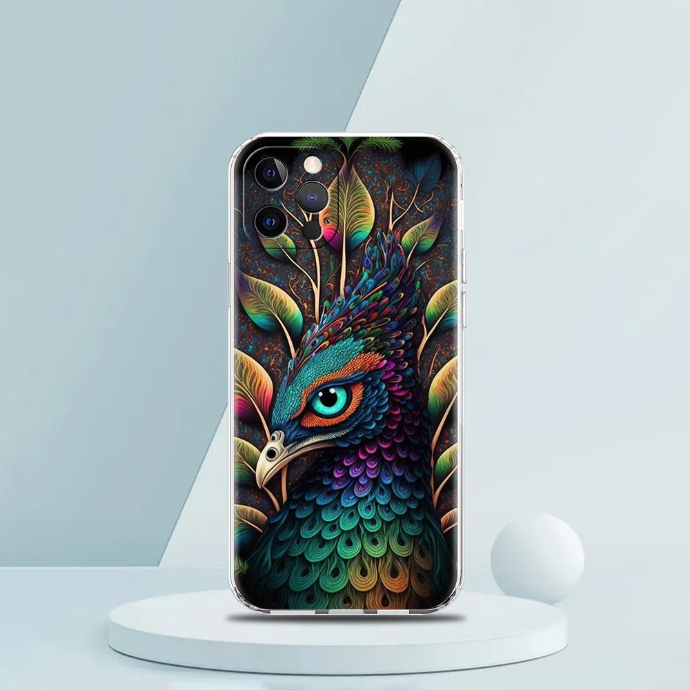 Soft TPU Transparent Phone Case Cover for iPhone 16 15 14 13 12 11 Pro Max XR 8 7 Plus XR Shell Animal Cute Peacock Pattern Bags