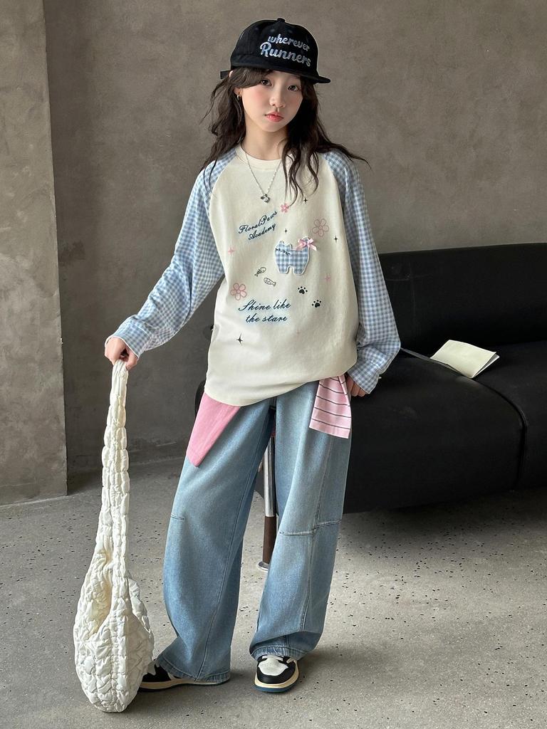 Stylish Girls' Cartoon Color Block Long Sleeve T-shirt - Spring 2026 Edition for Medium & Large Children