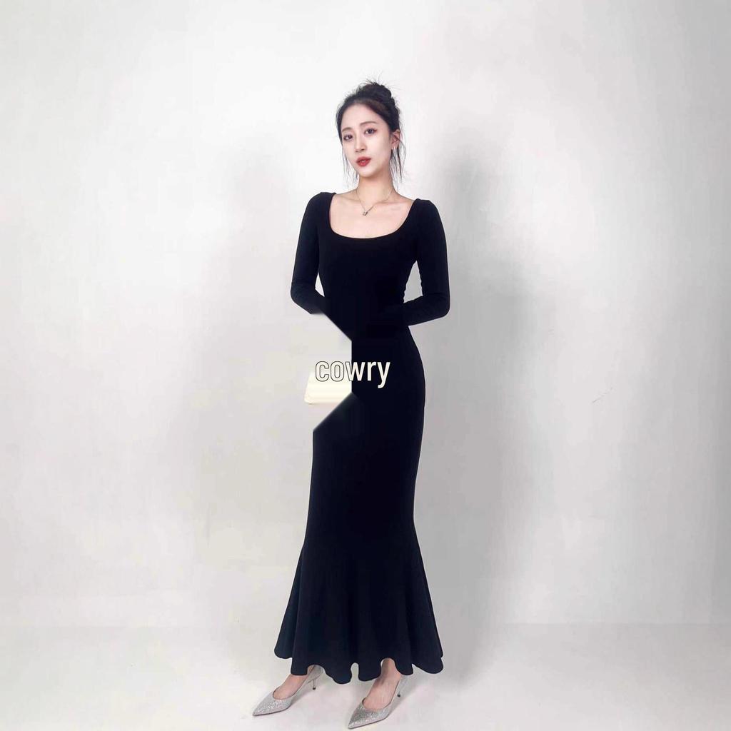 Elegant Black German Velvet Fishtail Evening Dress, Warm & Versatile, Wide Collar, Slim Fit High-End Design