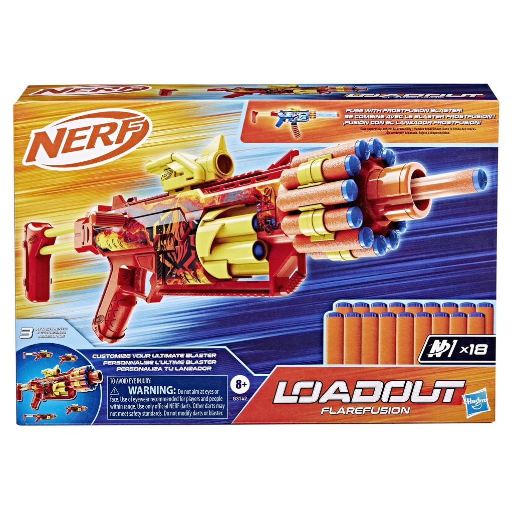 Hasbro Nerf Loadout Flare Fusion Blaster com 3 Acessórios Intercambiáveis e 18 Dardos N1, Brinquedo e Presente para Crianças, Idades 8+, G3142, Autêntico